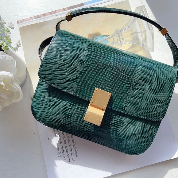 Celine Handbags - Celine Lizard Medium Classic Box Flap Bag Dark Green